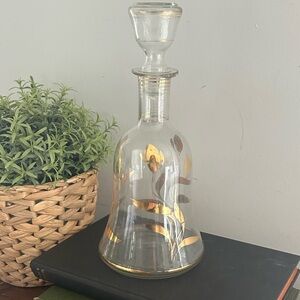 vintage  Clear Glass carafe decanter painted gold floral leaf Floral pattern